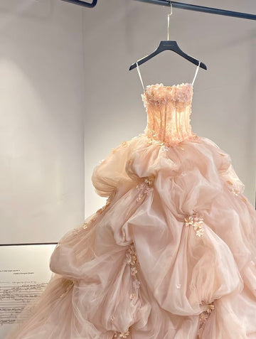 Pink Romantic A Line Strapless Appliques Layered Tulle Prom Dress Party Dress HZ1023